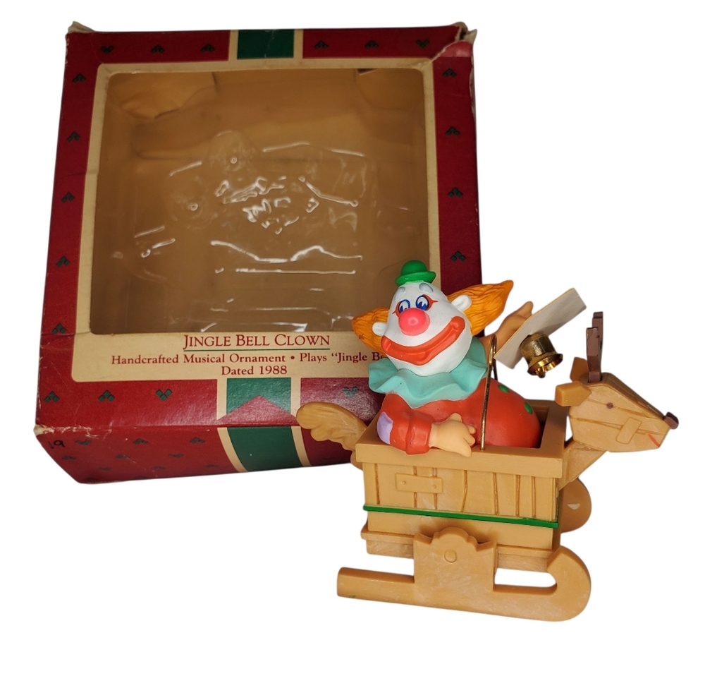 1988 Hallmark Clown Ornament Jingle Bell Reindeer Wind Up Musical Christmas READ